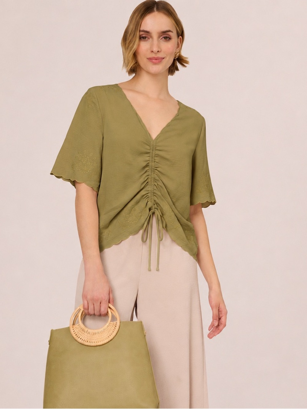 Adrianna Papell Olive Green Scalloped V-Neck Shortsleeve Flowy Blouse Scrunch
